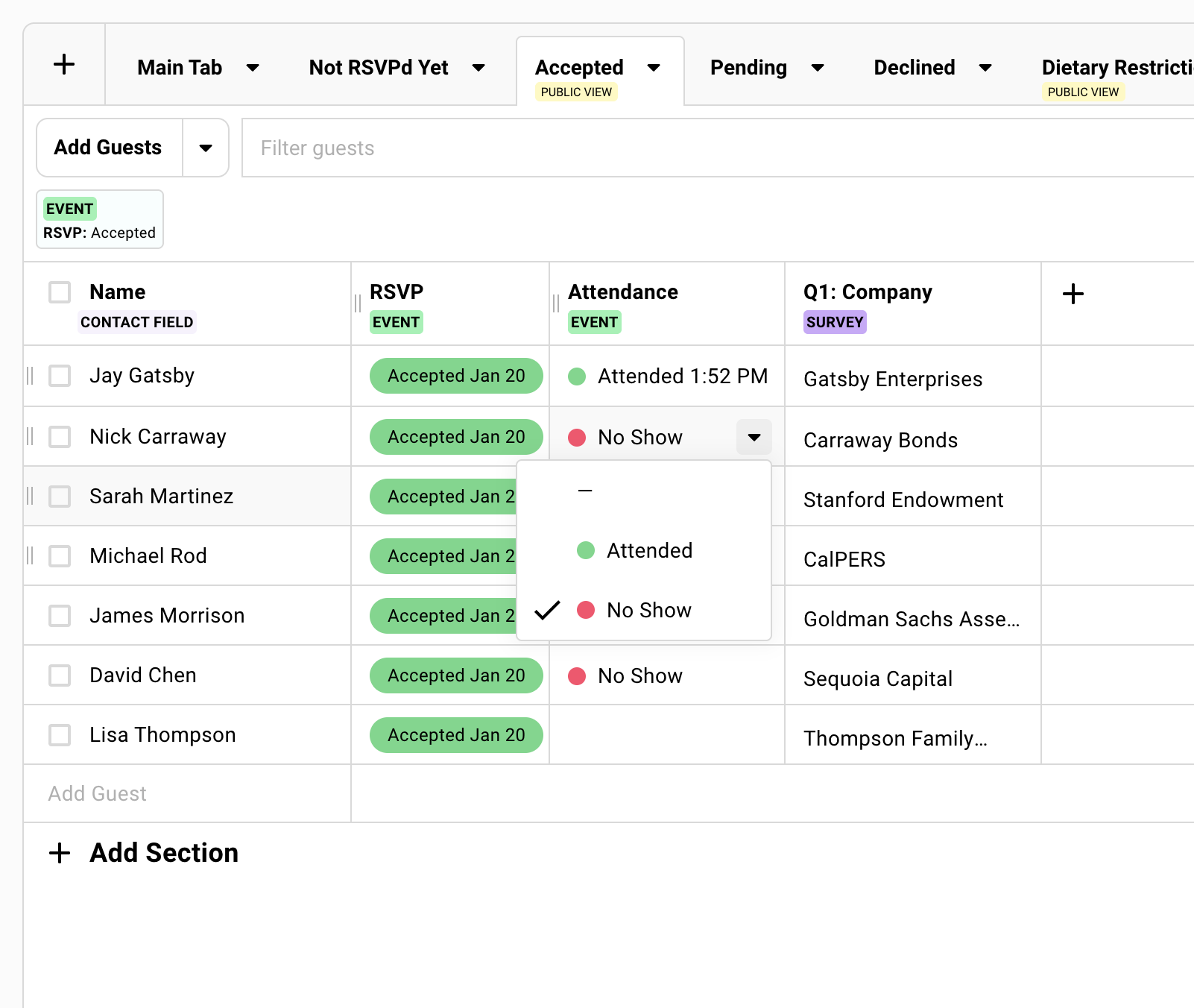 Guest list showing Attendance column with arrival timestamps
