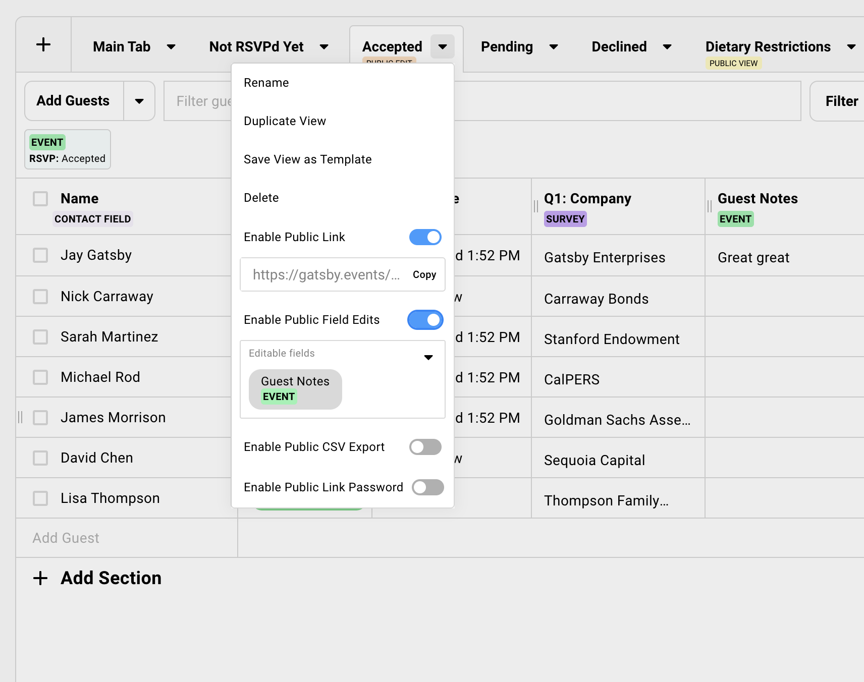 Shared guest list view with limited columns visible for vendors and executives
